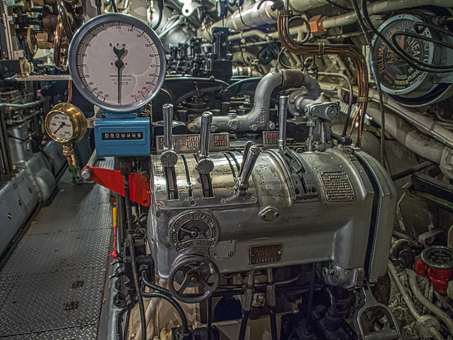 The controls for one of the twin diesel engines in the WWII desigh British submarine HMS Alliance