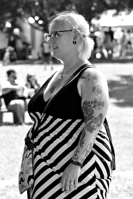 Woman with tattoos, Comfest in Black and White 6/24/18