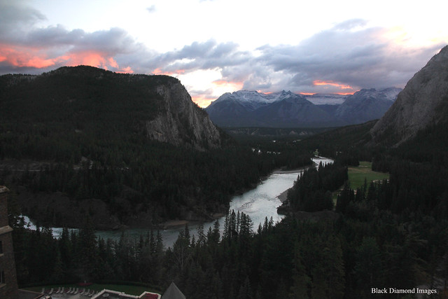 Sunset over the Bow River & Mountains viewed from the Fairmont Banff Springs Hotel, Banff, Alberta, Canada