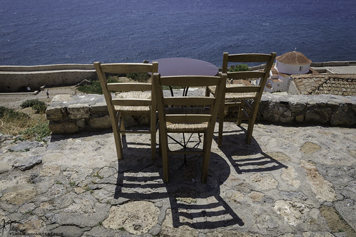 monemvasia mani laconia peloponnese peloponnesus castle byzantine oldcity stone stonewall sunny summer summertime view chairs cafe sea greece nikond7200
