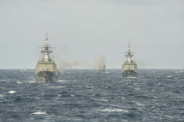 Thai navy frigates are underway during a live-fire gunnery exercise in support of CARAT Thailand 2018