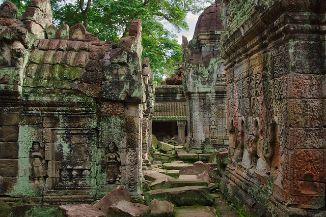 Stone carvings in the ruins of Preah Khan temple in Angkor Archeological Park near Siem Reap, Cambodia