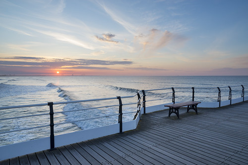 saltburn saltburnbythesea pier sea waves sky sunset blue evening northyorkshire beautiful view redcar may bench railings