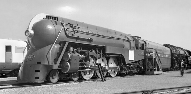 New York Central Dreyfus Designed Streamlined J-3 Hudson steam locomotive # 5451, is seen while on display at the Worlds Fair in Flushing Meadows, New York City, 1939 - 1940