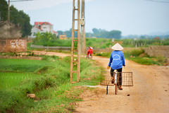 Farmer bicycling down a gravel road in Vietnam