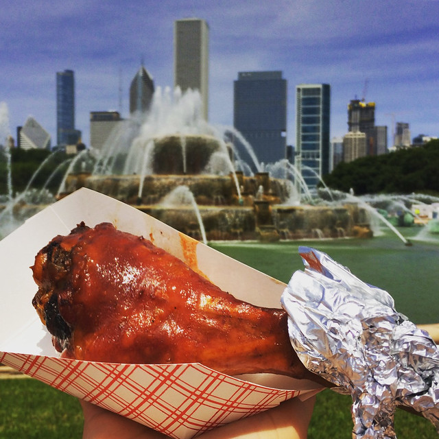 Turkey leg at the Taste of Chicago with Buckingham Fountain in background