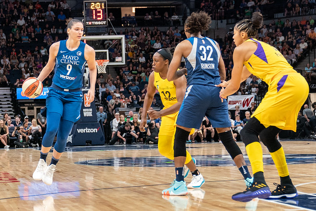 Cecilia Zandalasini handles the ball in the first quarter in the Minnesota Lynx vs Los Angeles Sparks game at Target Center, the Lynx won the game 83-72