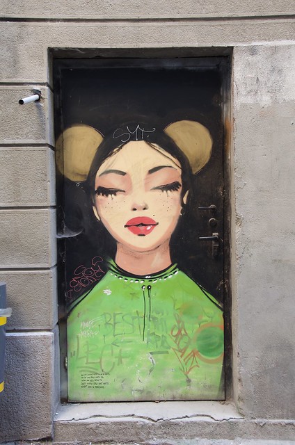 Graffiti at a door in Sofia, Bulgaria.