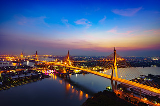 Beautiful bridge and river landscapes bird's eye view during sunset, Bangkok Thailand