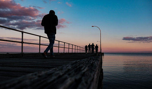 pier man sunset golden hour wide fujifilm walk portrait australia victoria altona