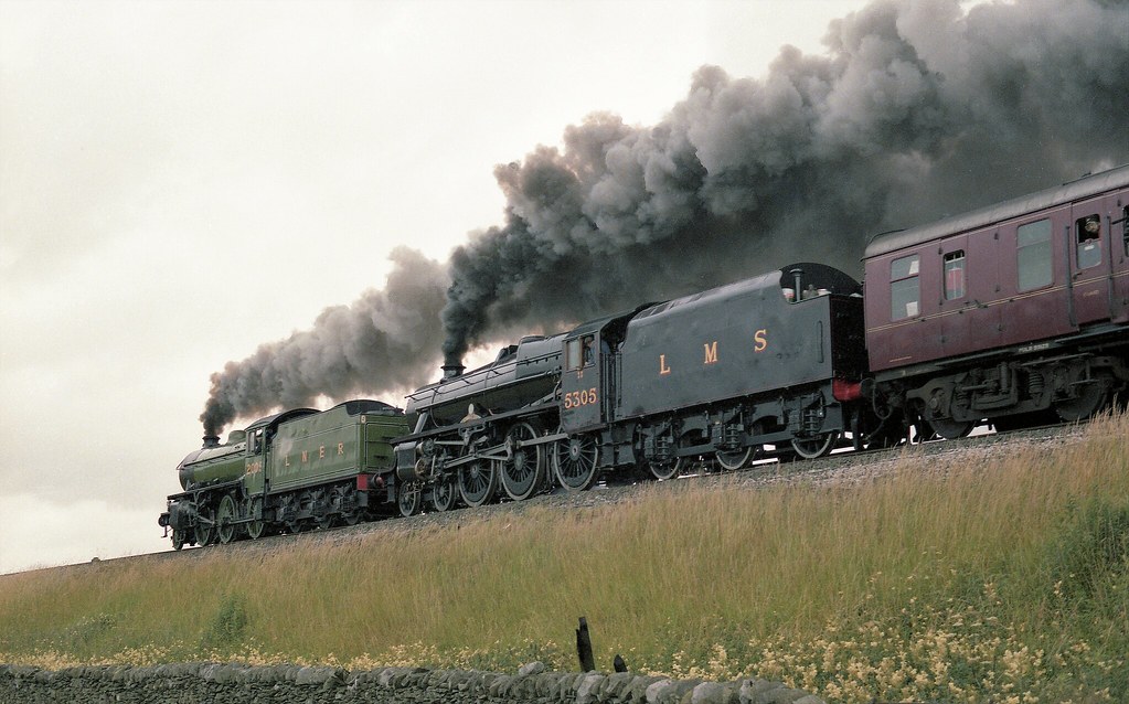 2005 and 5305 clag past Helwith Bridge, (Scanned image).