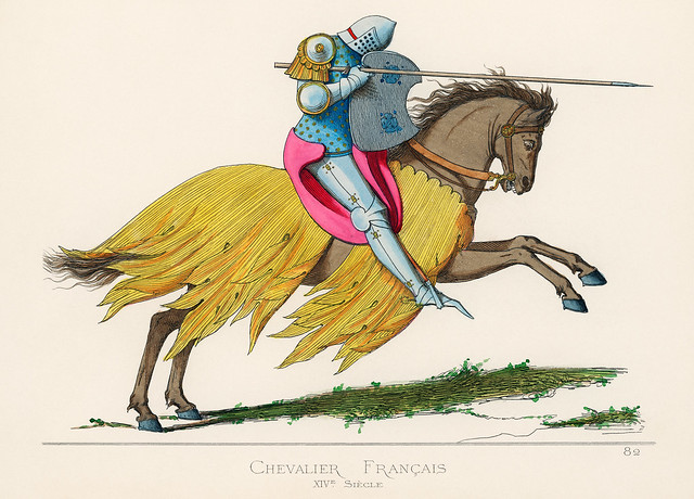 Chevalier Francais, XIVe Siecle, translated French Knight, 14th Century, by Paul Mercuri (1860), a a knight on horse back with full armor ready to joust. Digitally enhanced from our own original plate.