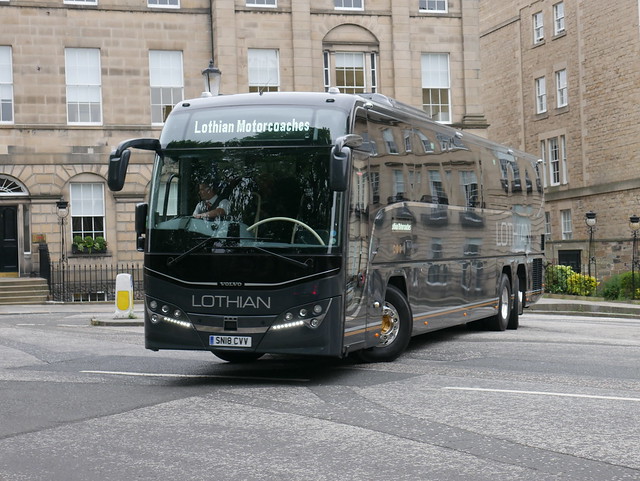 Lothian Motorcoaches Volvo 11RT Plaxton Panther 3 SN18CVV at Charlotte Square, Edinburgh, on 11 June 2018 operating the first commercial day tour to Loch Lomond.