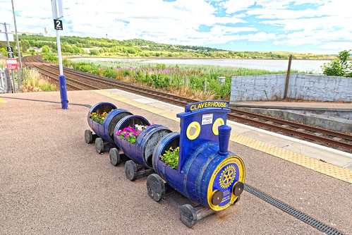 train flowers rialway station tracks bay river firth estuary water sky clouds grass platform