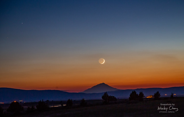 Crescent moonset over Mt. Shasta