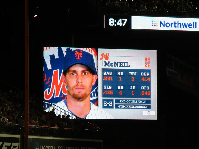 Citi Field, 08/04/18 (NYM v ATL): Jeff McNeil at-bat graphics as shown in the bottom of the 6th inning - so far he's gone 2-for-2 (spoiler: he'll get a hit in this at-bat and be 3-for-3) (IMG_1942a)