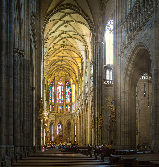 The huge St. Vitus Cathedral in Prague Castle, Czechoslavakia.
