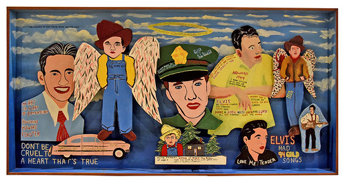 Howard Finster's "Elvis Had 94 Gold Records" (1985) on display at The Gregg Museum.