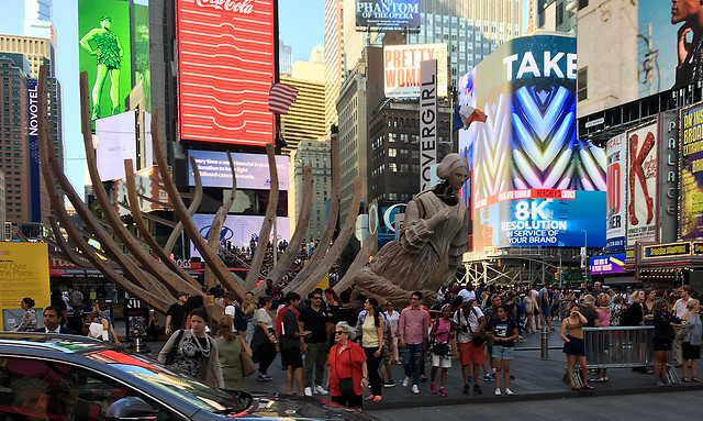 Wake, by Mel Chin, modeled on the USS Nightingale, in Times Square, Manhattan, New York, USA. August, 2018