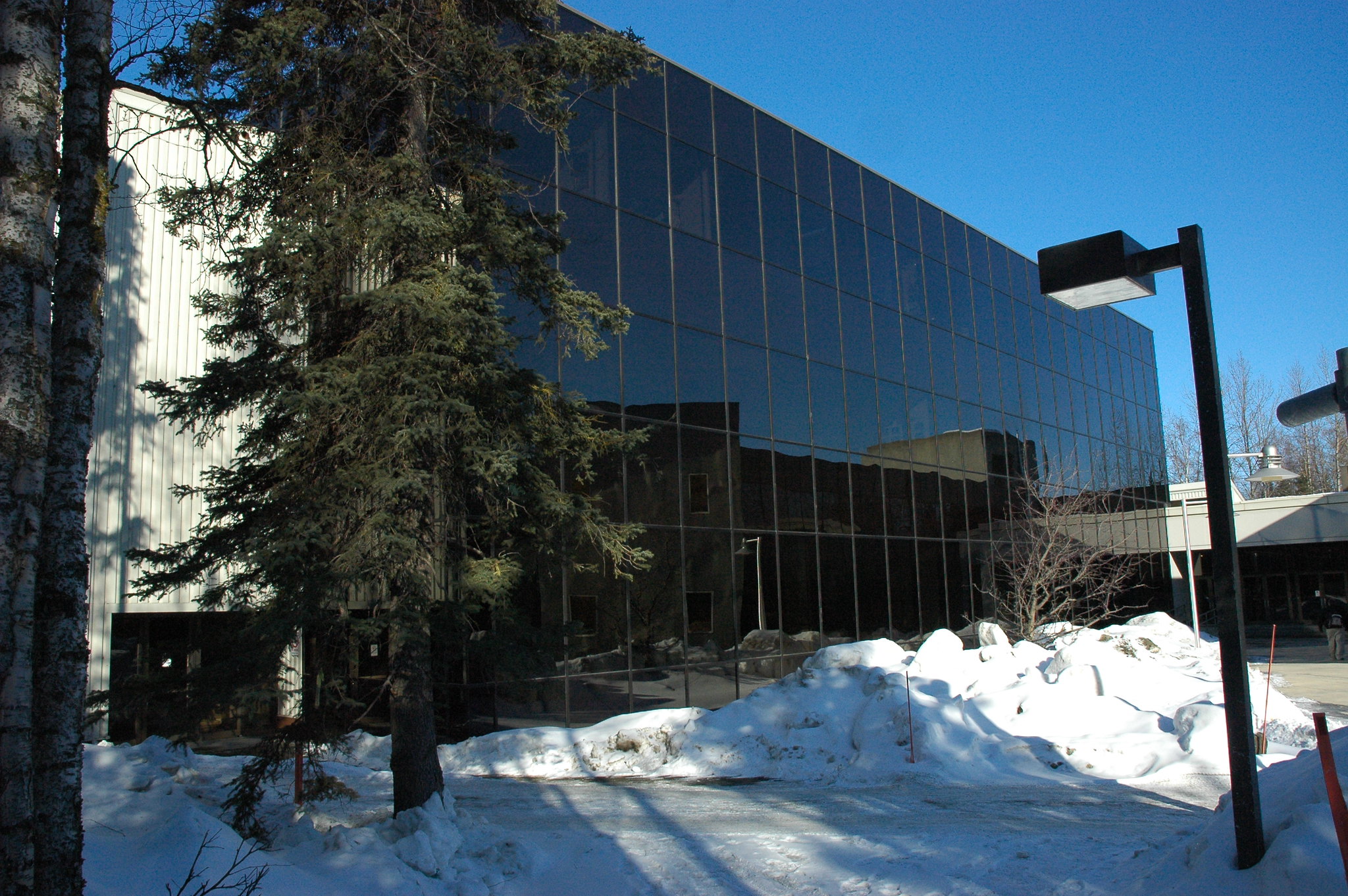 Glass front of the Consortium Library at the University of Alaska Anchorage in winter