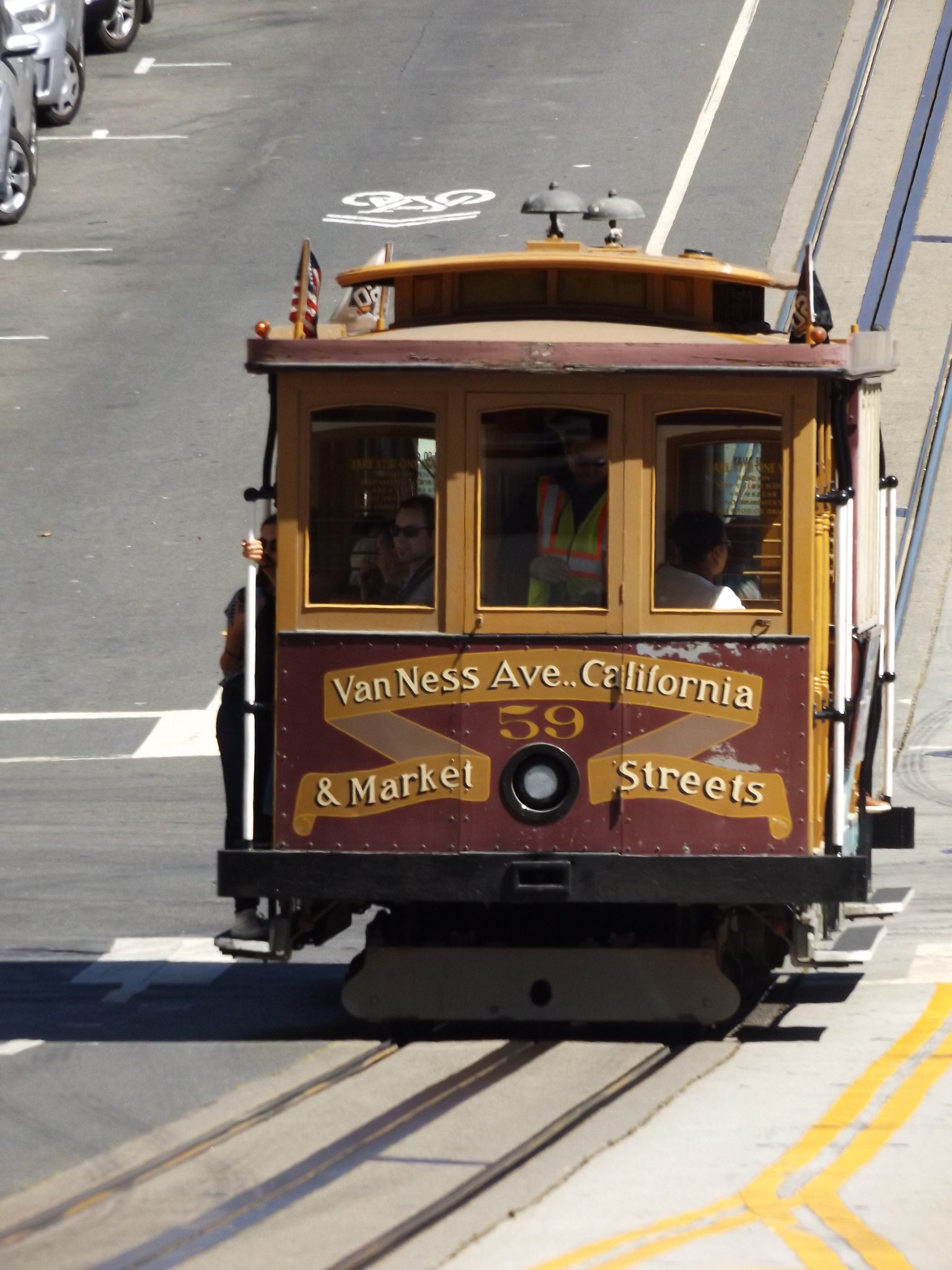 California Street Cable Car Approaching Van Ness Terminus, San Francisco, California, USA, 8 September 2018