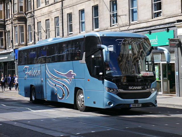 Nash of Cuffley t/a Falcon Coaches Scania K410EB4 Interlink Finesse YN18SBY at Shandwick Place, Edinburgh, on 9 August 2018.