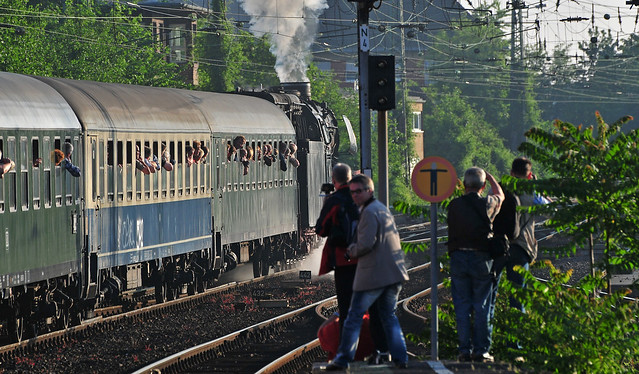 Special steam train leaving Muenster (Westphalia) main station - stuffed with steam engine enthusiasts!