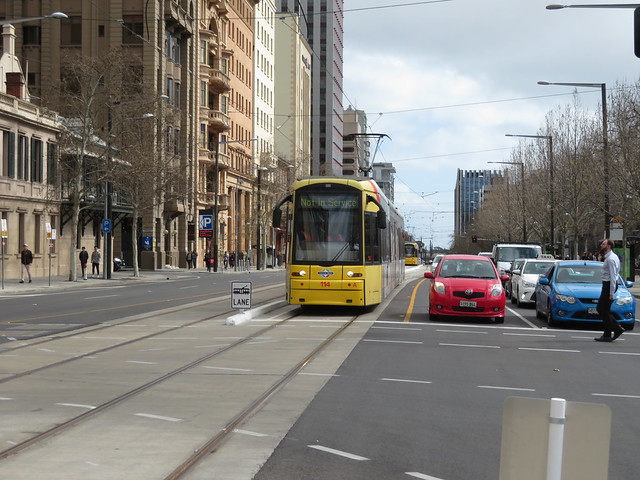Tram 114 being tested on the east part of North Terrace