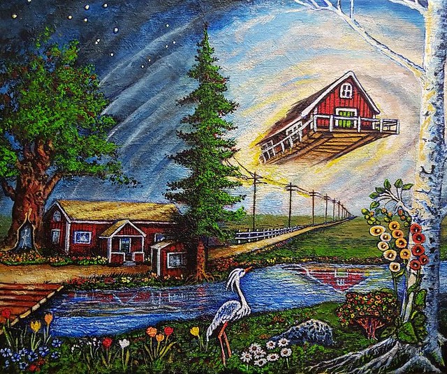 oil canvas painting of house floating in air with idyllic river landscape and trees