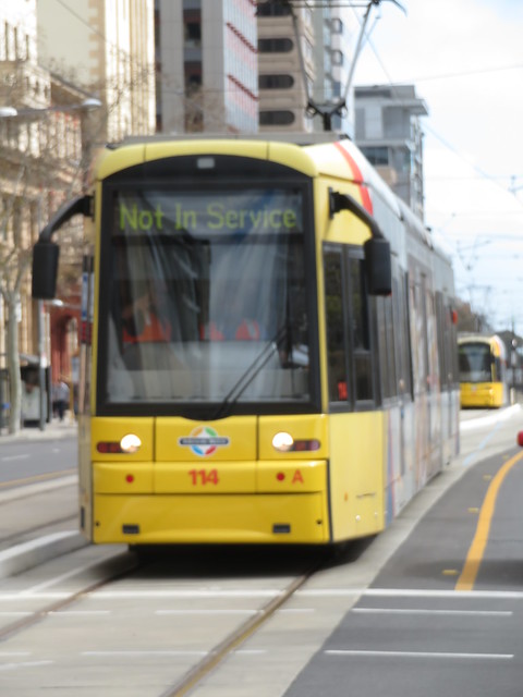 Tram 114 being tested on the east part of North Terrace