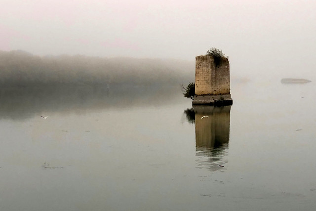 Bridge pillar in the fog