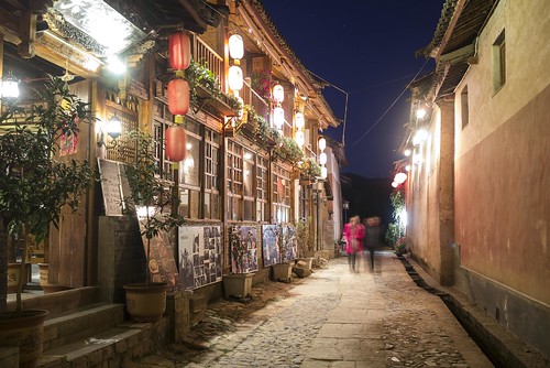 street alley night walking chinese lantern china light wooden traditional house architecture