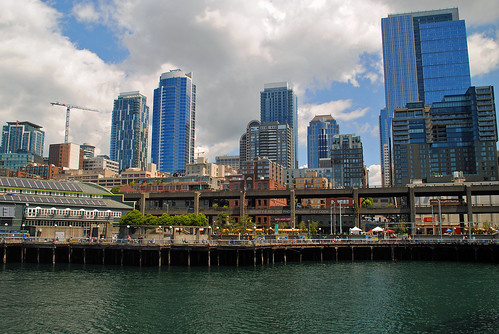 seattle downtown waterfront city views cityscape buildings architecture skyscrapers water pier viaduct alaskanway