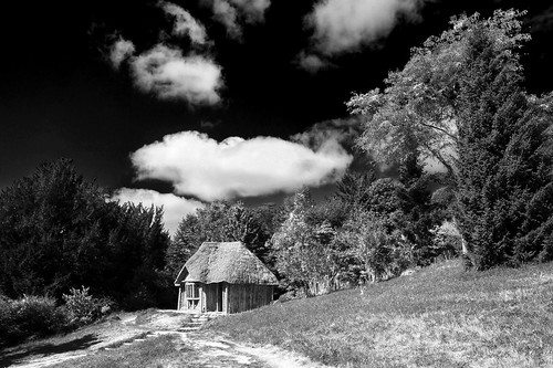 killerton nationaltrust broadclyst exeter devon england uk blackandwhite bw mono monochrome garden bearshut summerhouse timber puffyclouds trees path way canon eos50d tamron 1750mm landscape architecture historic old contrasty contrast dramatic thatchedroof