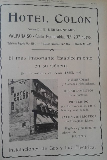 publicidad priomeros años del siglo XX para el Hotel Colon de Valparaiso