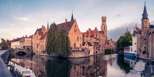 autumn belfort belgium bruges brugge canal dawn flanders historic medieval panorama reflection rozenhoedkaai sunrise town water