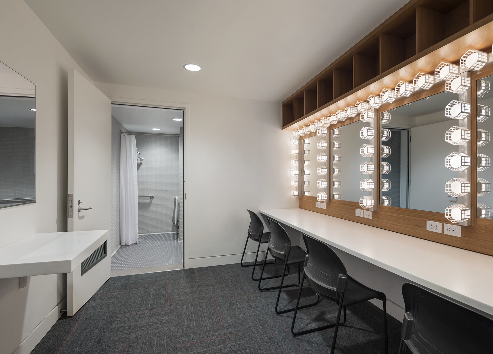 One of the Mezzanine Theatre dressing rooms, complete with dimmable mirror lights and a bathroom.