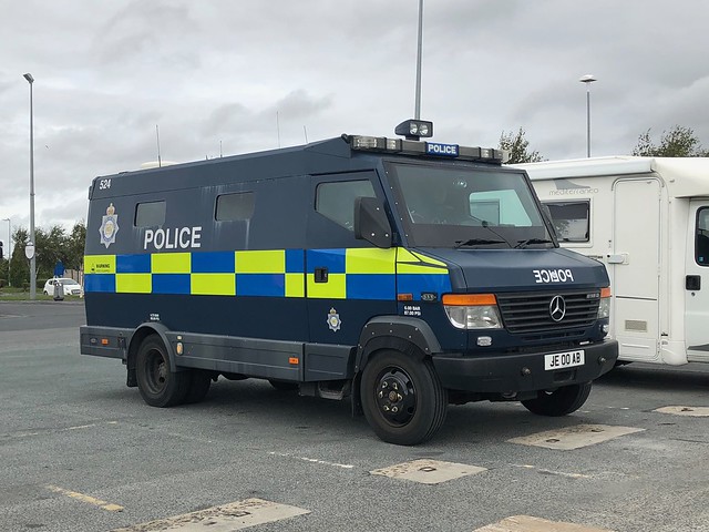 Ministry of Defence Police 524 JE00AB Mercedes Benz Vario 818D with a MacNeillie Nuclear Convoy Escort Vehicle conversion.  Seen at Wetherby Services 16//09/2018.