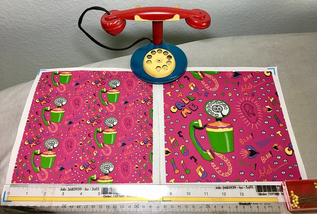 “1960s Vintage Retro Rotary Telephone”, large and small scale fabric test swatches.  My hand drawn design created digitally. It was created for a 1960s themed fabric design contest.