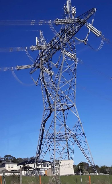 A large power pylon carrying three sets of wires stands in a field under a blue sky, next to Yan Yean Road, Plenty, Melbourne, Victoria, Australia.