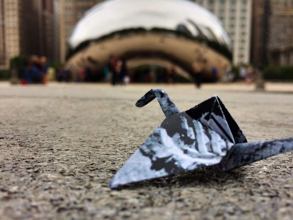 Neil Armstrong’s Moon bootprint as origami crane by the Chicago Bean