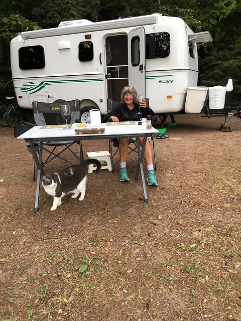 Pancake Bay campsite dinner facing camp with cat