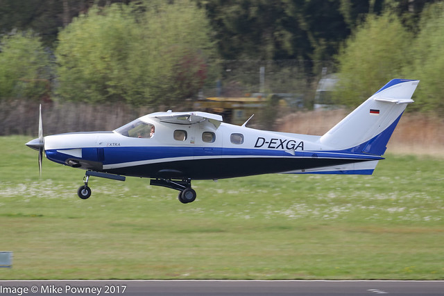 D-EXGA - 2014 build Extra EA.500, arriving on Runway 24 at Friedrichshafen during Aero 2017