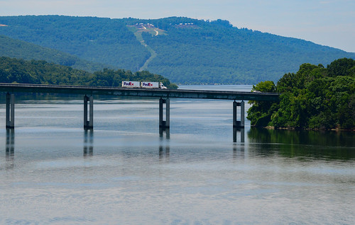 river water tn tennessee united states america north usa bridge reflection mountains hills scenic scenery outdoors semi truck cargo crossing
