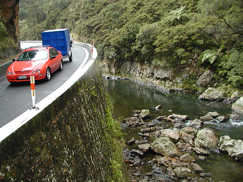 ford falcon winding its way through karangahake gorge waikato newzealand trailer river 2000 red