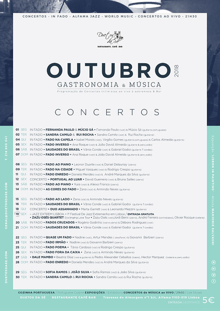 CONCERTOS DE OUTUBRO 2018 - Duetos da Sé - restaurante café bar - @DuetosdaSe - Alfama Lisboa Lisbon Lisbonne Portugal - OCTOBER 2018 LIVE MUSIC CONCERTS