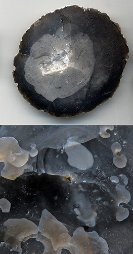 Circle of flint with crystals in the centre, along with close-up of the translucent nature of flint