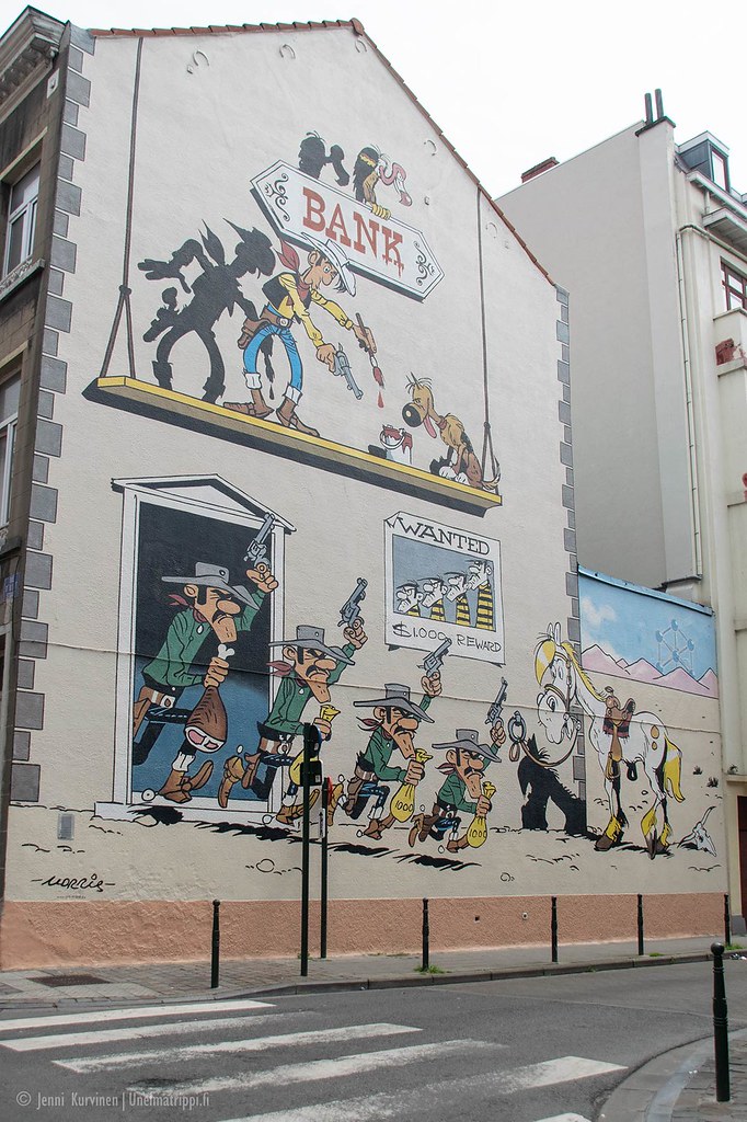 Lucky Luke ja Daltonin veljekset muraalissa Brysselissä