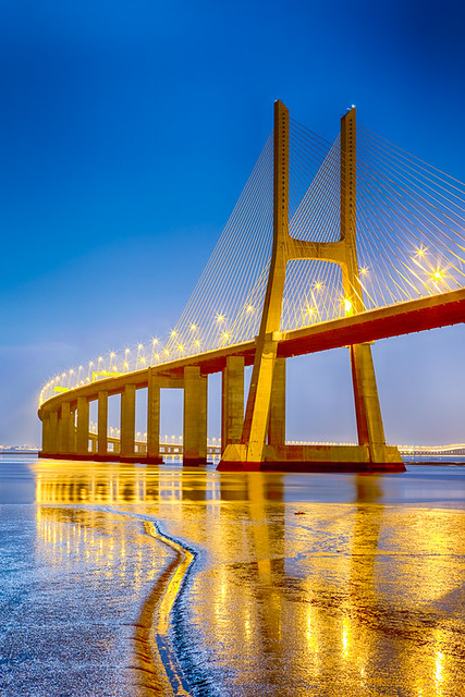 Famous and Renowned Picturesque Vasco Da Gama Bridge in Lisbon in Portugal. Picture Made During Blue Hour.