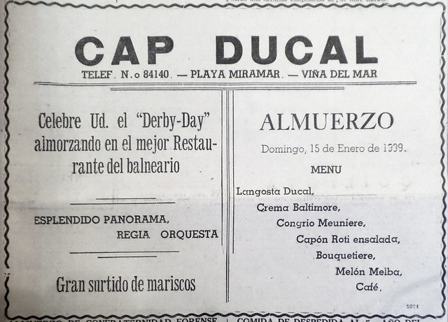 Aviso con el frugal menú del Cap Ducal 15 de enero 1939 día del Derby de Viña del Mar
